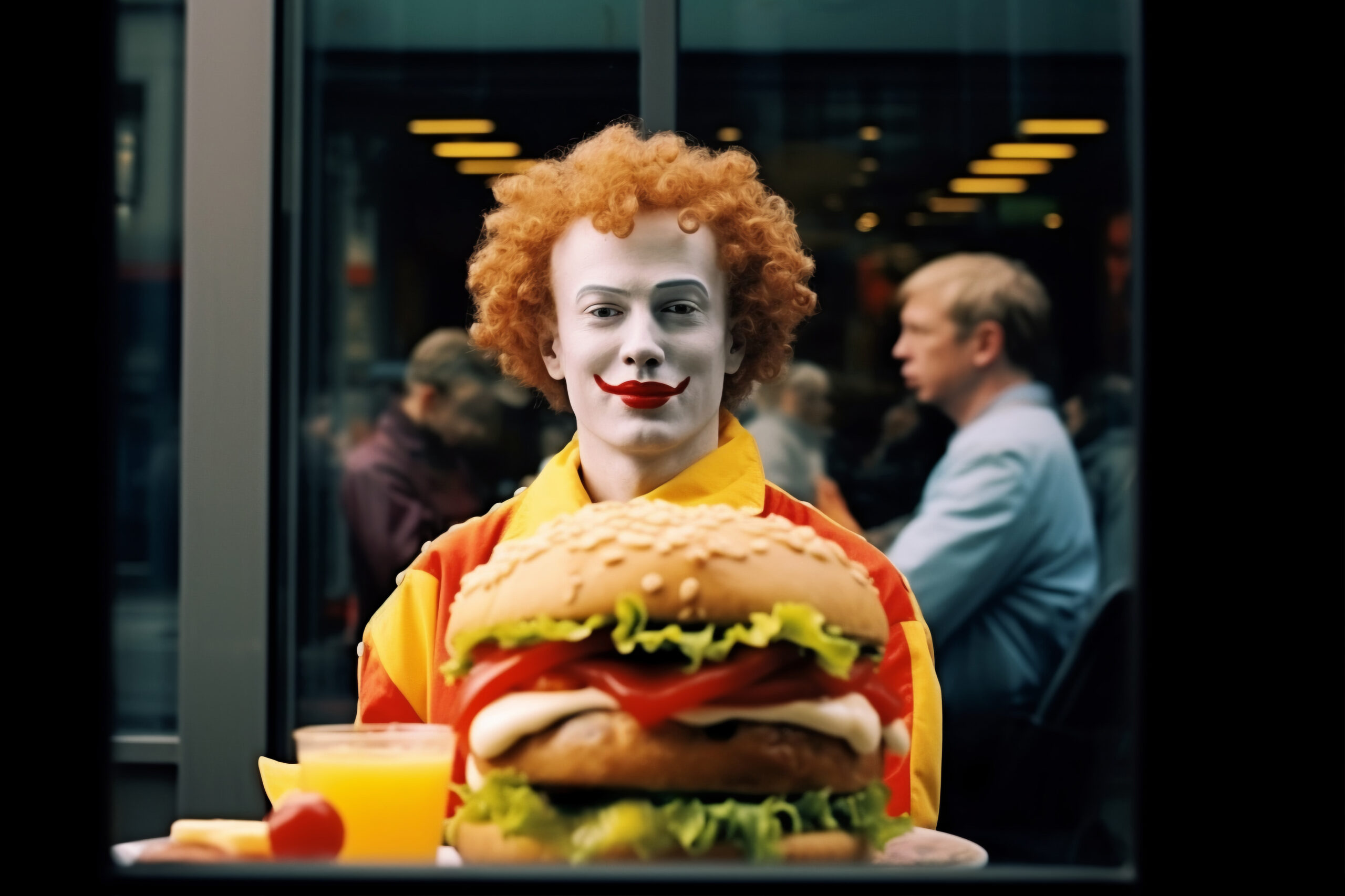 ein-clown-der-nahe-einer-burgermahlzeit